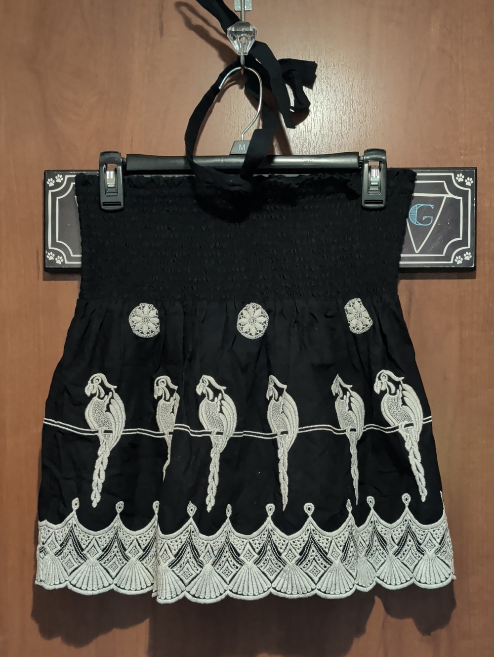 Joie Black Mini Halter with White Embroidered Parrots